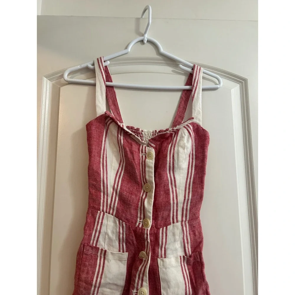 Reformation Red White Striped Linen Romper Button Front Smocked Back Size 0